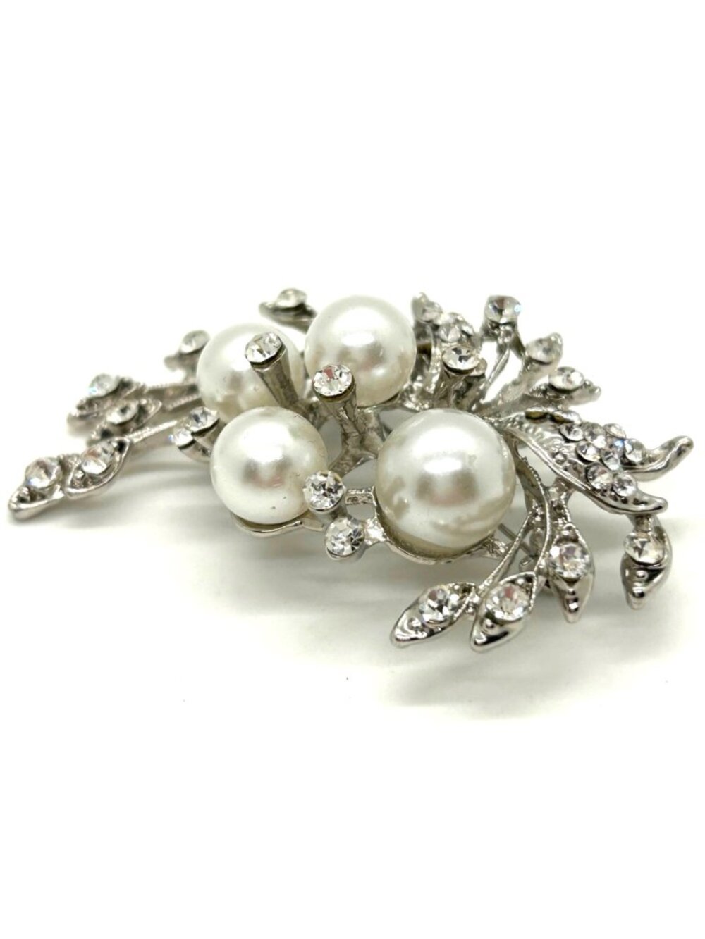 Faux Pearl & Rhinestone Brooch Silver-tone Floral Pin Glam Elegant - Picture 3 of 15